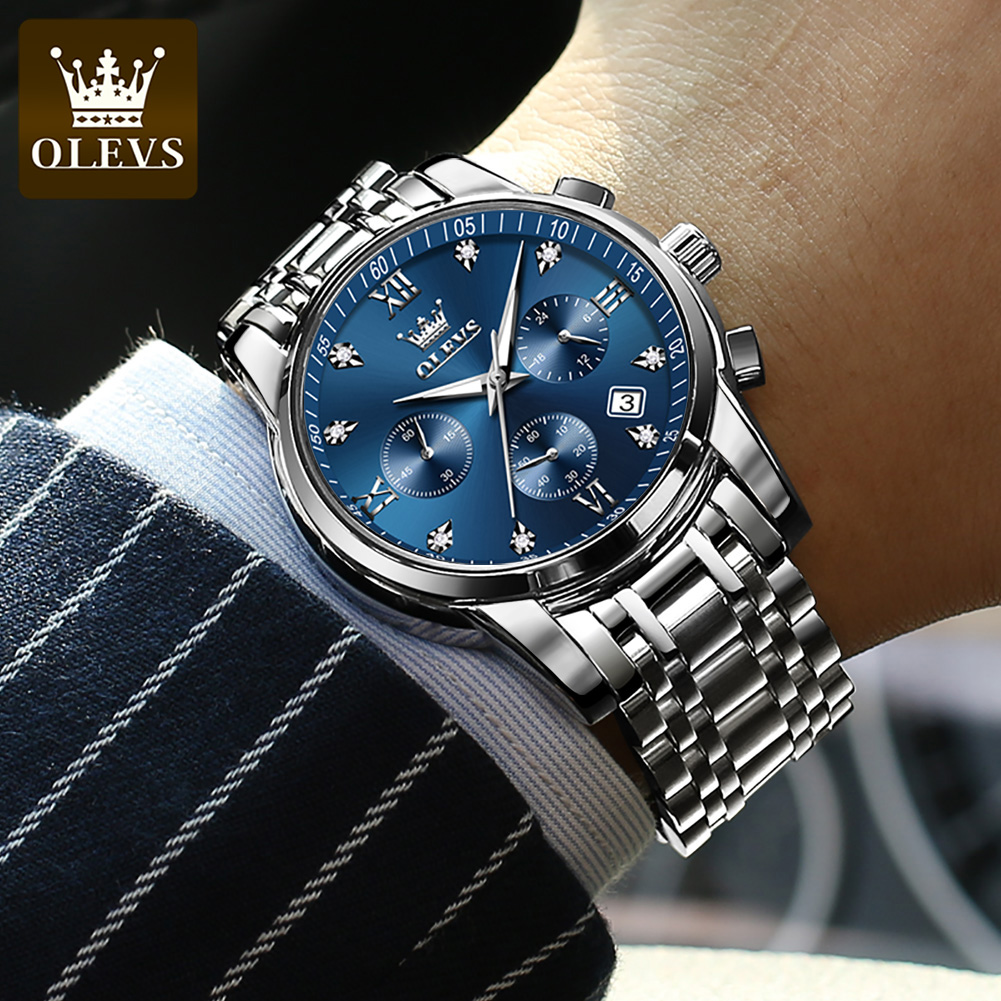 OLEVS 2858 Herrenuhr – Business Multifunktions-Quarzuhr mit mehreren Zeitzonen blau-silber