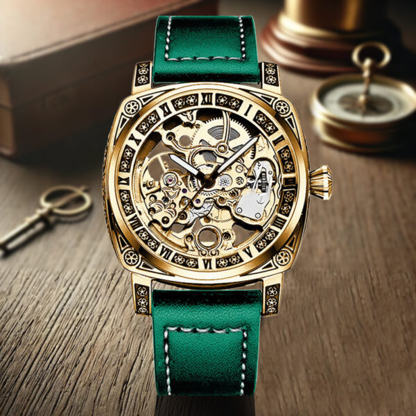 Mechanische Herrenuhr mit Gelb-Grünem PU-Lederarmband: Eleganz im Antiken Römischen Stil – Bild 13