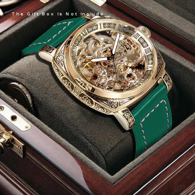 Mechanische Herrenuhr mit Gelb-Grünem PU-Lederarmband: Eleganz im Antiken Römischen Stil
