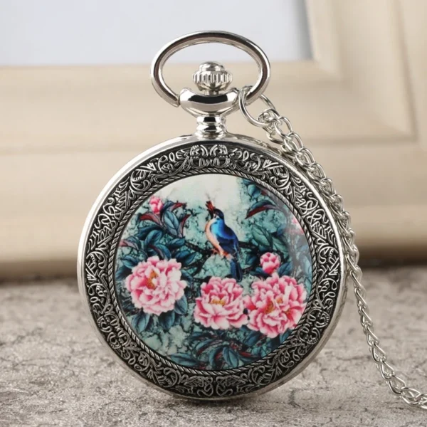 YISUYA Top Luxus Silber Taschenuhr: Lebendiger Vogel im Baum mit exquisiten Blumenmustern – Bild 5