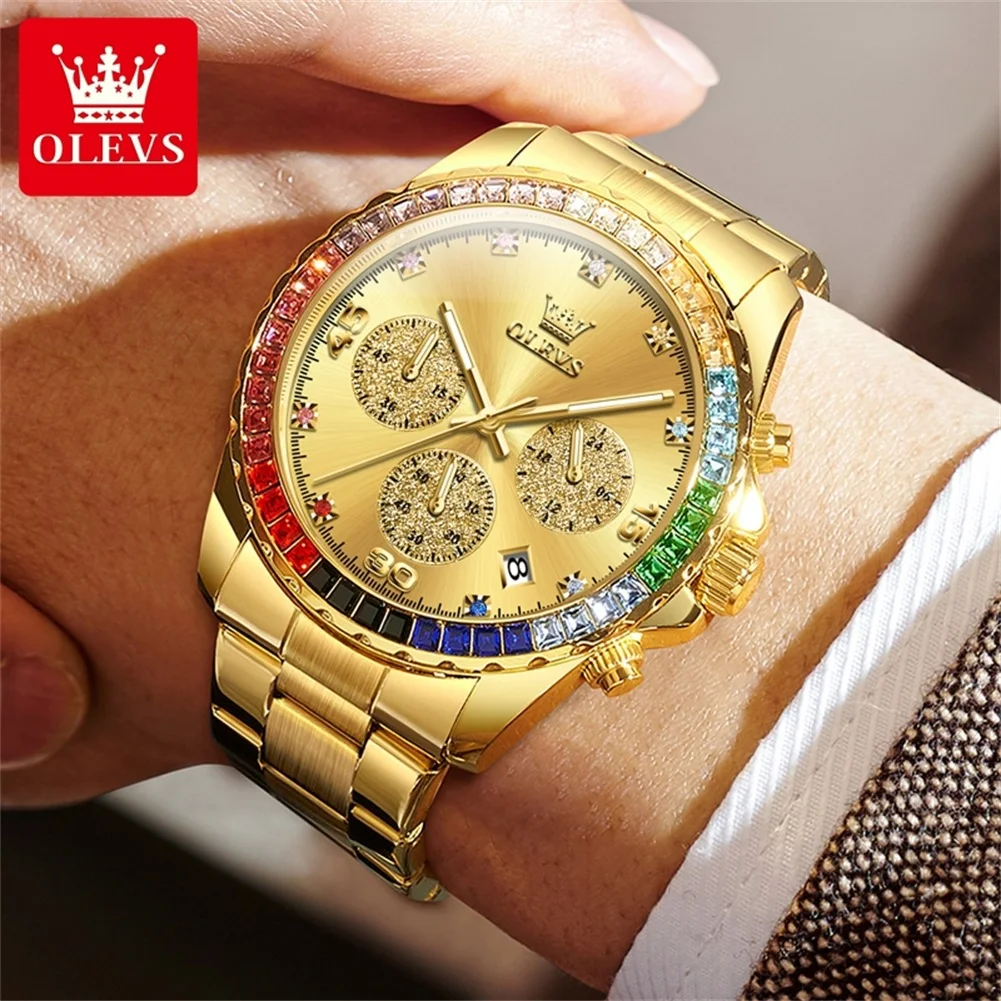 OLEVS 2939 Herren Sportuhr – Modisch mit Regenbogen-Diamanten & Wasserdichtem Quarzwerk