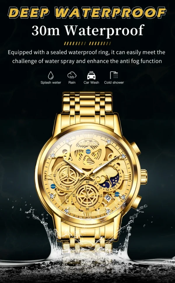 OLEVS 9947 Herrenuhr – Top Luxus Original Wasserdichte Quarz-Uhr im Gold-Skelett-Stil – Bild 21