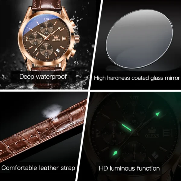 OLEVS 2872 Herrenuhr: Luxuriöser Chronograph in Rose-Gold-Braun – Bild 3