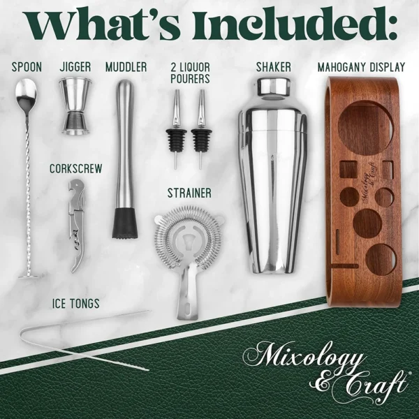 10 teiliges Barkeeper-Set  - Professionelles Cocktail-Set mit Mahagoni-Ständer – Bild 3