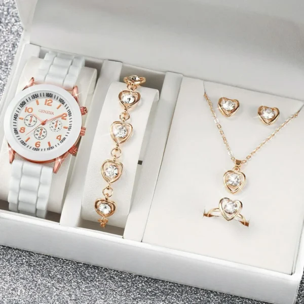 Luxus 5-teiliges Damen-Set | Uhr-Ring-Halskette und Ohrringe mit Perlen & Strass – Bild 3