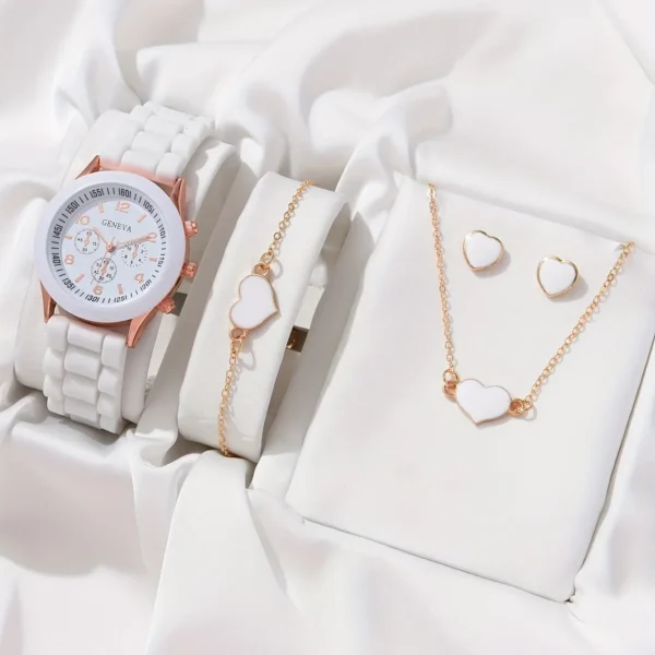 Luxus 5-teiliges Damen-Set | Uhr-Ring-Halskette und Ohrringe mit Perlen & Strass – Bild 12
