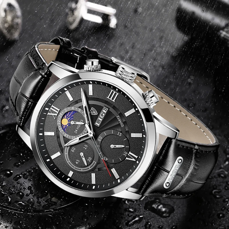 LIGE 8932 Militär-Herrenuhr: Luxuriöser Chronograph mit Mondphase