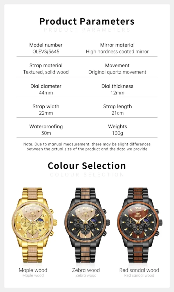 OLEVS 3645 Herrenuhr-Luxuriöse Quarz-Uhr mit Massivholz und Mondphase – Bild 23