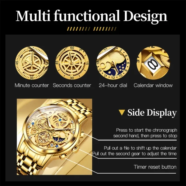 OLEVS 9947 Herrenuhr – Top Luxus Original Wasserdichte Quarz-Uhr im Gold-Skelett-Stil – Bild 6