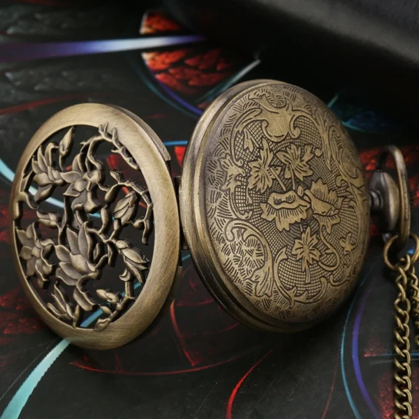 Bronze Hohl-Blumen-Taschenuhr-Zarte Eleganz im Vintage-Stil – Bild 4