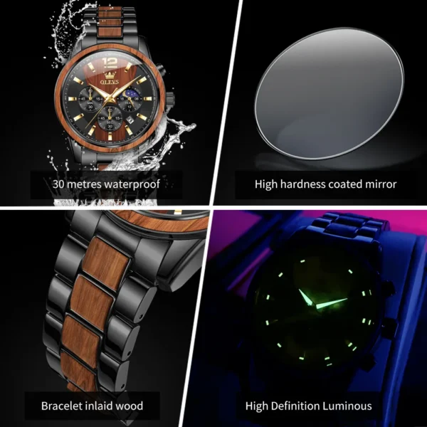 OLEVS 3645 Herrenuhr-Luxuriöse Quarz-Uhr mit Massivholz und Mondphase – Bild 4