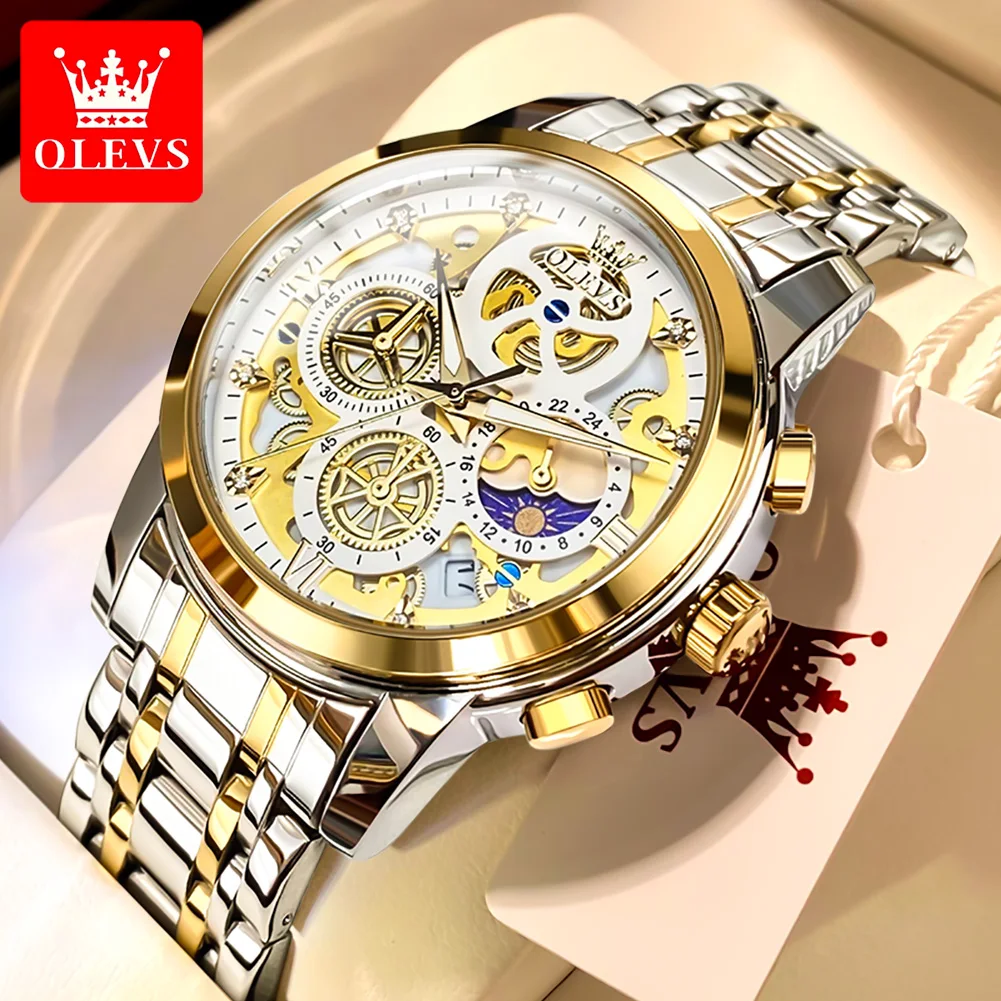 OLEVS 9947 Herrenuhr – Top Luxus Original Wasserdichte Quarz-Uhr im Gold-Skelett-Stil