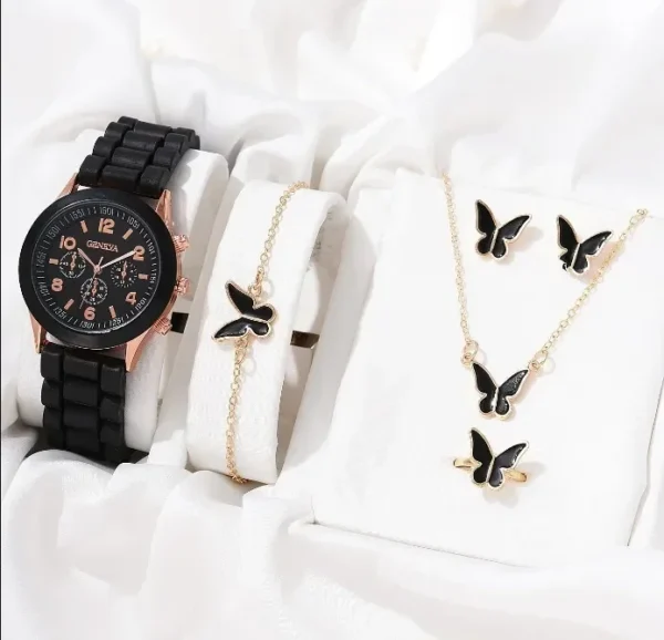 Luxus 5-teiliges Damen-Set | Uhr-Ring-Halskette und Ohrringe mit Perlen & Strass – Bild 9