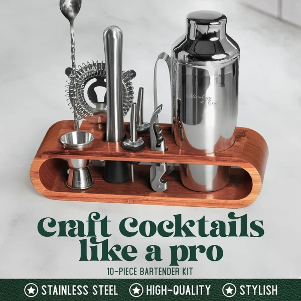 10 teiliges Barkeeper-Set  - Professionelles Cocktail-Set mit Mahagoni-Ständer – Bild 2
