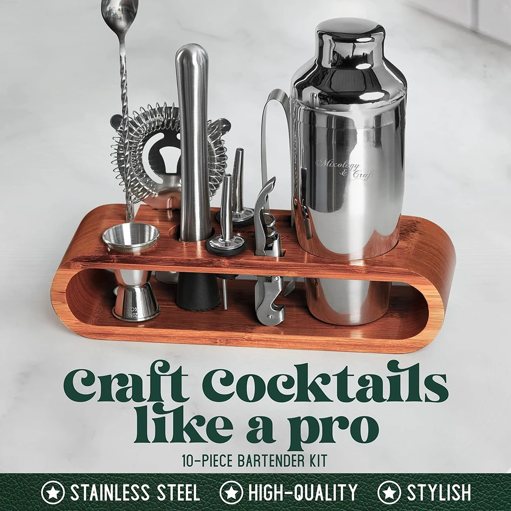 10 teiliges Barkeeper-Set  - Professionelles Cocktail-Set mit Mahagoni-Ständer