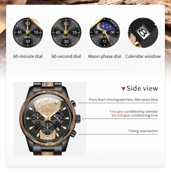 OLEVS 3645 Herrenuhr-Luxuriöse Quarz-Uhr mit Massivholz und Mondphase – Bild 21