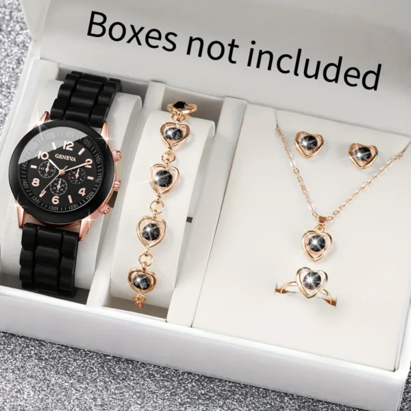 Luxus 5-teiliges Damen-Set | Uhr-Ring-Halskette und Ohrringe mit Perlen & Strass – Bild 4