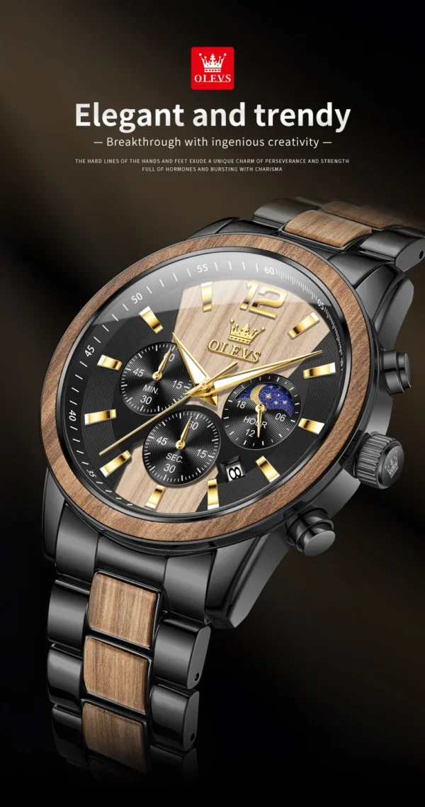OLEVS 3645 Herrenuhr-Luxuriöse Quarz-Uhr mit Massivholz und Mondphase – Bild 16