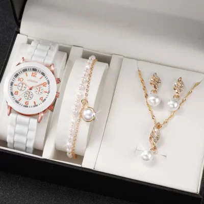 Luxus 5-teiliges Damen-Set | Uhr-Ring-Halskette und Ohrringe mit Perlen & Strass