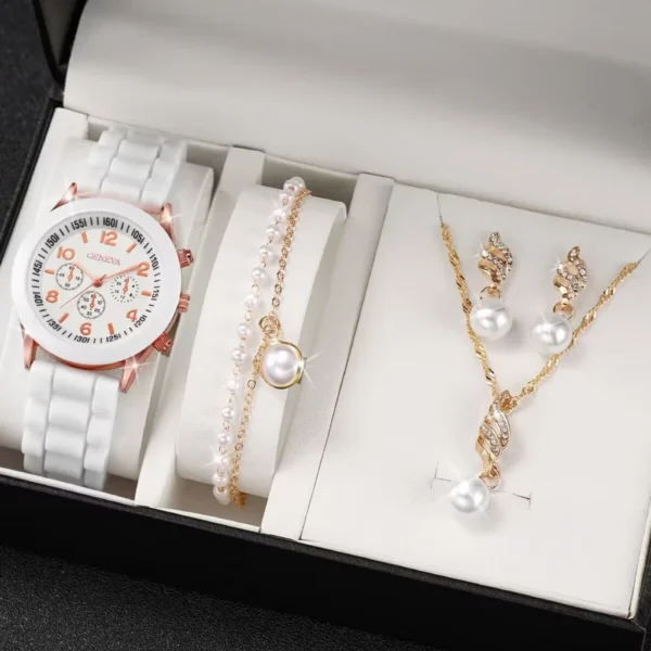 Luxus 5-teiliges Damen-Set | Uhr-Ring-Halskette und Ohrringe mit Perlen & Strass