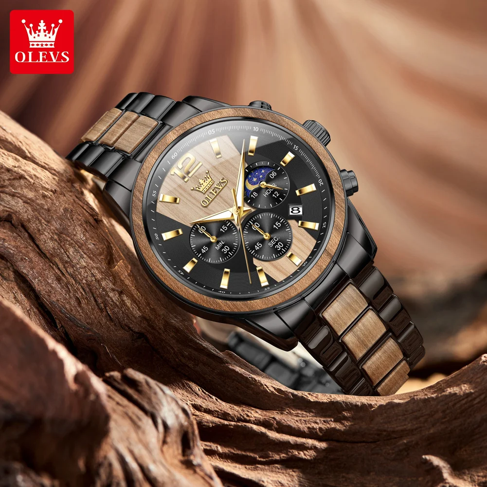 OLEVS 3645 Herrenuhr-Luxuriöse Quarz-Uhr mit Massivholz und Mondphase
