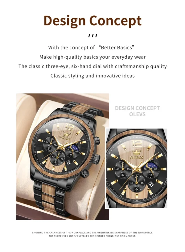 OLEVS 3645 Herrenuhr-Luxuriöse Quarz-Uhr mit Massivholz und Mondphase – Bild 17