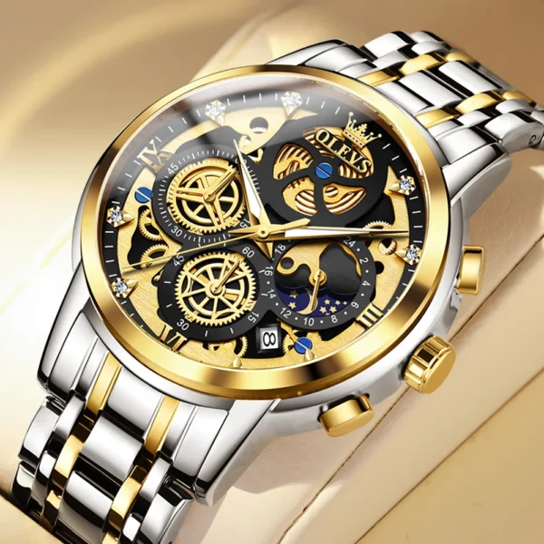 OLEVS 9947 Herrenuhr – Top Luxus Original Wasserdichte Quarz-Uhr im Gold-Skelett-Stil – Bild 9