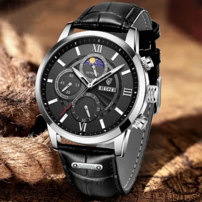 Die LIGE 8932 Quarzuhr für Herren ist eine beeindruckende Kombination aus militärischer Robustheit und luxuriösem Design. Ausgestattet mit einem präzisen Quarzwerk, einem hochwertigen Lederarmband und umfassenden Funktionen wie Chronograph, Mondphase und Leuchtzeigern, ist diese wasserdichte Uhr der ideale Begleiter für den modernen Mann, der Stil und Leistungsfähigkeit schätzt.