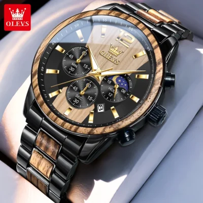OLEVS 3645 Herrenuhr-Luxuriöse Quarz-Uhr mit Massivholz und Mondphase