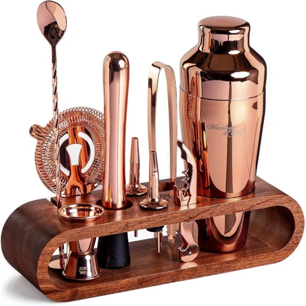 10 teiliges Barkeeper-Set  - Professionelles Cocktail-Set mit Mahagoni-Ständer – Bild 7