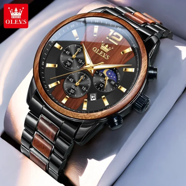 OLEVS 3645 Herrenuhr-Luxuriöse Quarz-Uhr mit Massivholz und Mondphase – Bild 7