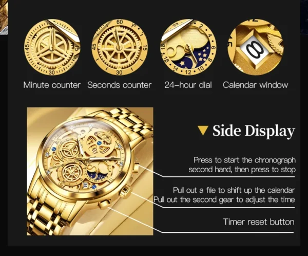 OLEVS 9947 Herrenuhr – Top Luxus Original Wasserdichte Quarz-Uhr im Gold-Skelett-Stil – Bild 20