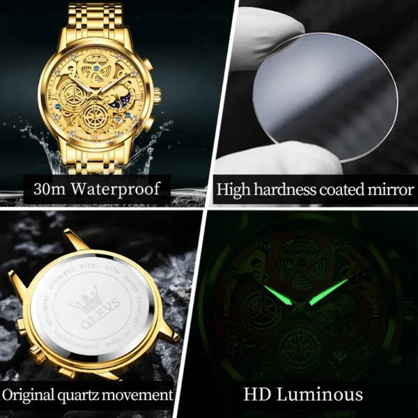OLEVS 9947 Herrenuhr – Top Luxus Original Wasserdichte Quarz-Uhr im Gold-Skelett-Stil – Bild 5