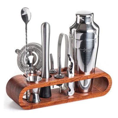 10 teiliges Barkeeper-Set  - Professionelles Cocktail-Set mit Mahagoni-Ständer