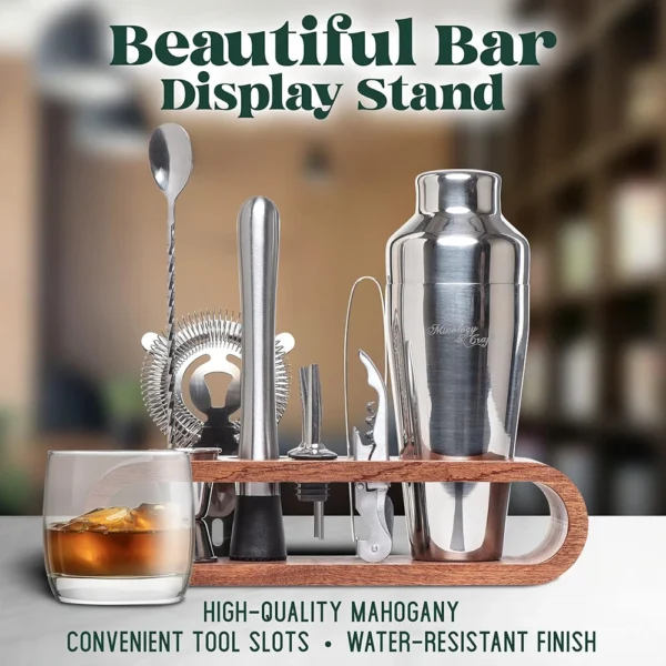 10 teiliges Barkeeper-Set  - Professionelles Cocktail-Set mit Mahagoni-Ständer – Bild 5