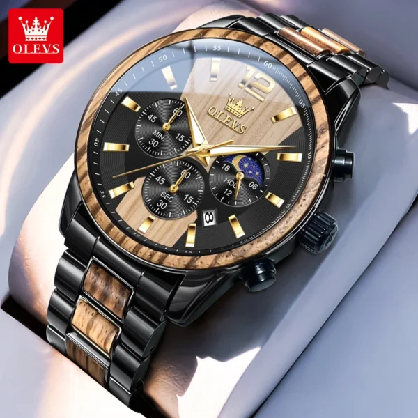 OLEVS 3645 Herrenuhr-Luxuriöse Quarz-Uhr mit Massivholz und Mondphase – Bild 8
