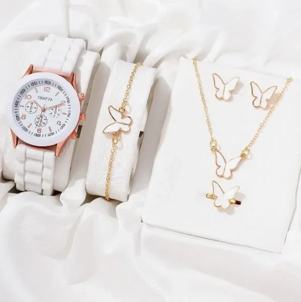 Luxus 5-teiliges Damen-Set | Uhr-Ring-Halskette und Ohrringe mit Perlen & Strass – Bild 8