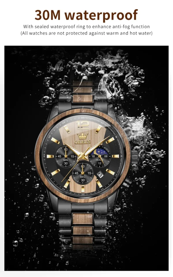 OLEVS 3645 Herrenuhr-Luxuriöse Quarz-Uhr mit Massivholz und Mondphase – Bild 27