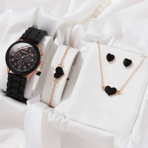 Luxus 5-teiliges Damen-Set | Uhr-Ring-Halskette und Ohrringe mit Perlen & Strass – Bild 11
