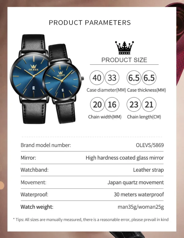 OLEVS 5869 Paar-Uhr-Ultradünne Quarz-Uhren mit Stil und Kalender – Bild 20