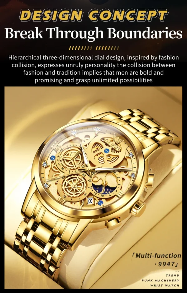 OLEVS 9947 Herrenuhr – Top Luxus Original Wasserdichte Quarz-Uhr im Gold-Skelett-Stil – Bild 13