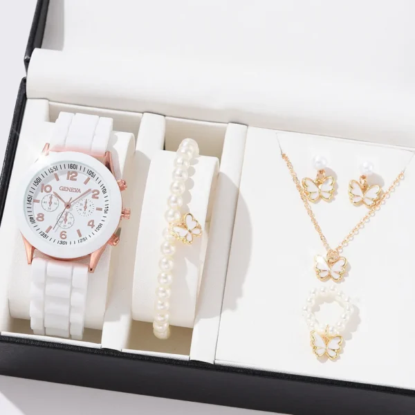 Luxus 5-teiliges Damen-Set | Uhr-Ring-Halskette und Ohrringe mit Perlen & Strass – Bild 2