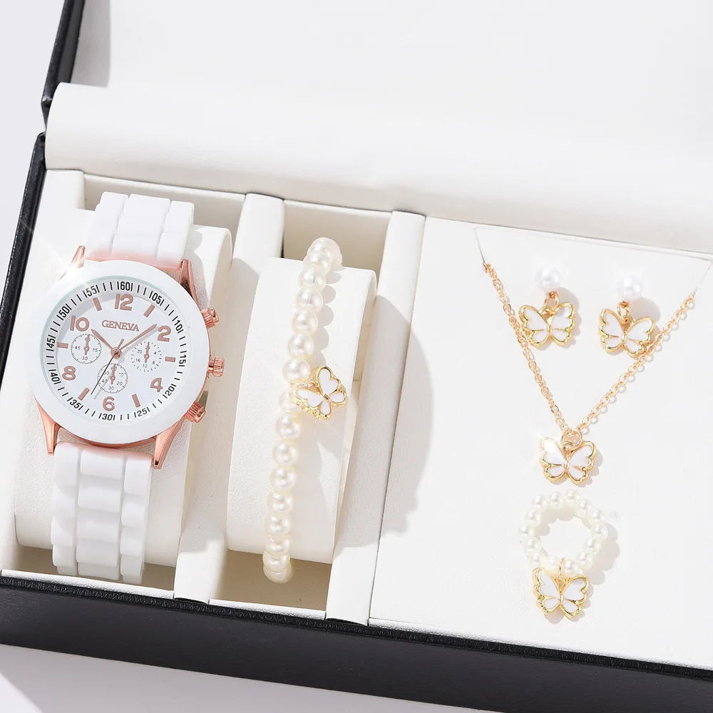 Luxus 5-teiliges Damen-Set | Uhr-Ring-Halskette und Ohrringe mit Perlen & Strass