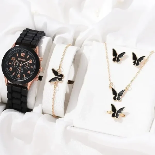 Luxus 5-teiliges Damen-Set | Uhr-Ring-Halskette und Ohrringe mit Perlen & Strass – Bild 6