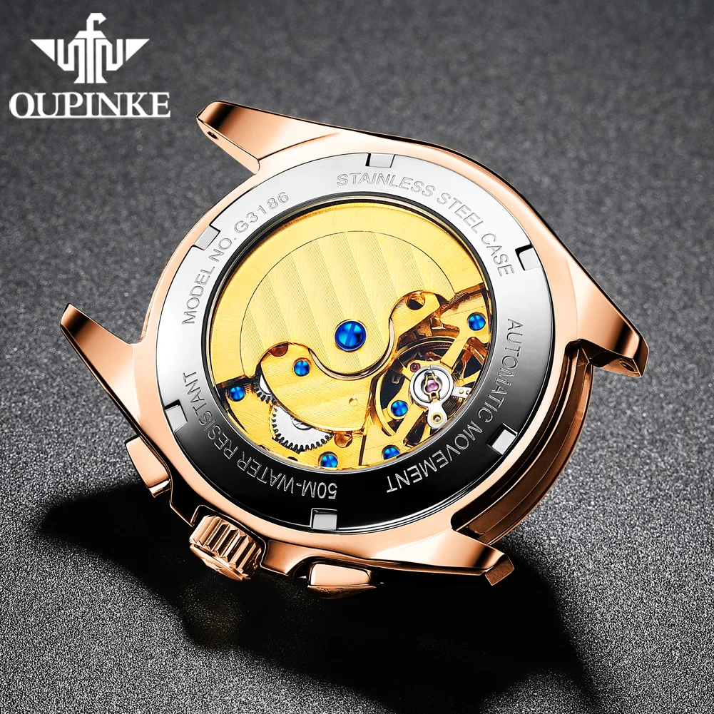 OUPINKE Skelett-Automatikuhr – Saphirglas und Lederband