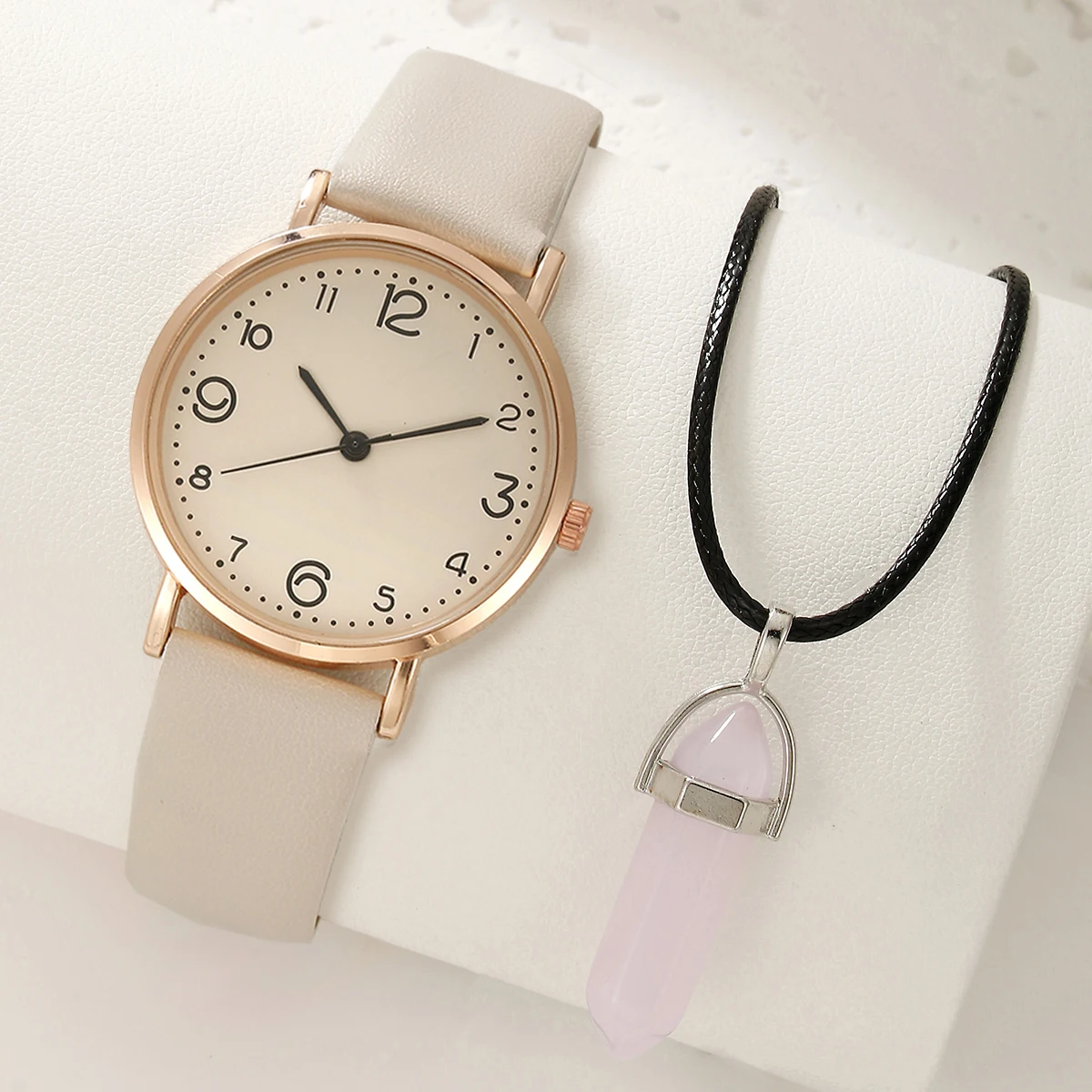 HIKUN Damen Uhren-Set 'Rose Quartz' | 2-teilig mit Halskette